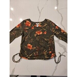 Caribbean Joe Y2K Womens M Tropical Floral Knit Top Olive Ruched Side Boxy Surf